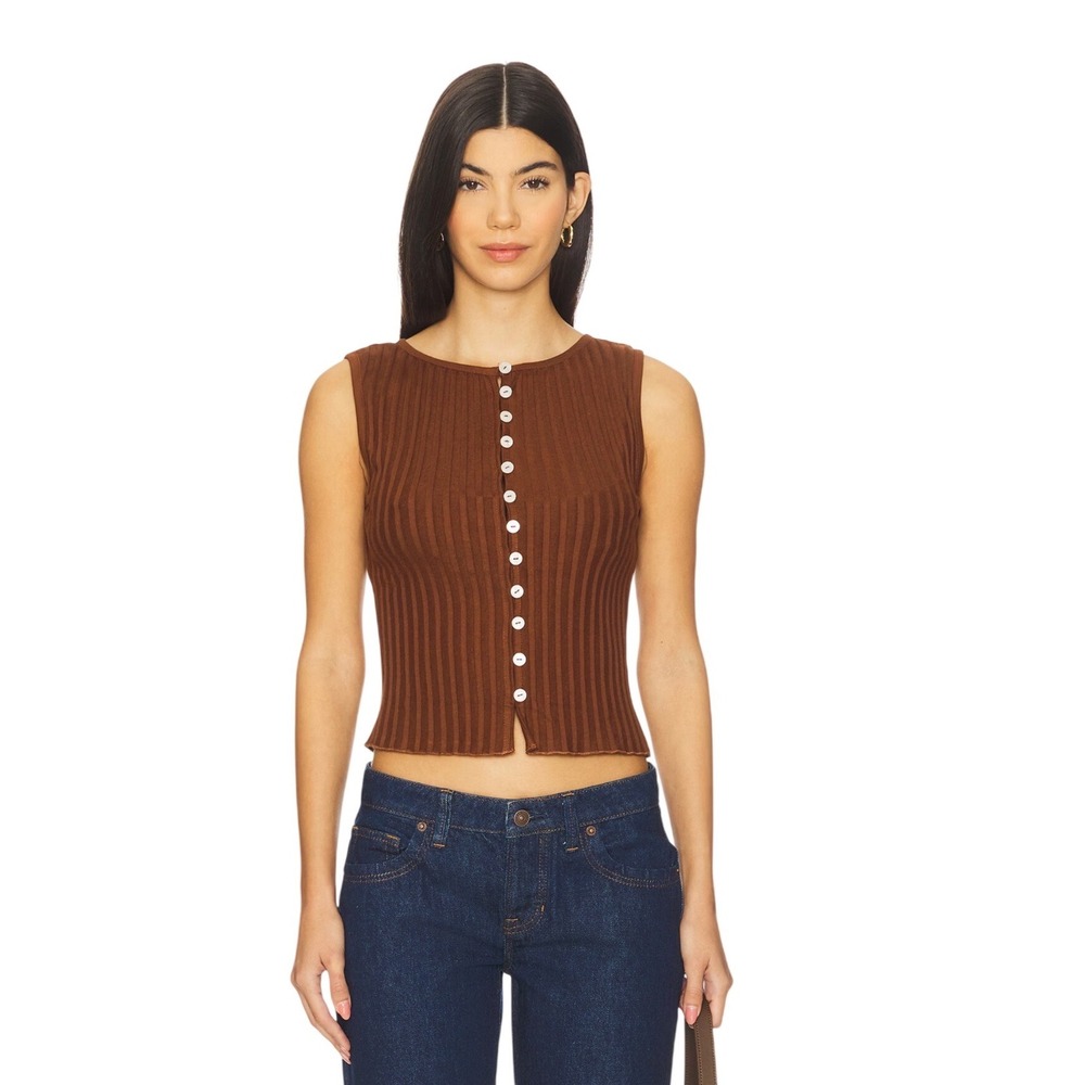 Free People Tilly Vest S Honey Bronze Ribbed Button Front 90s Minimalist